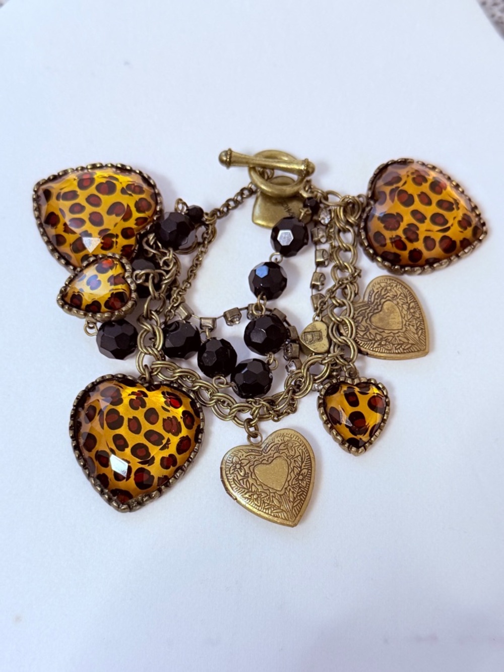 Betsey Johnson Leopard Lucite Puffy Heart Crystal Multi Strand Charm Necklace